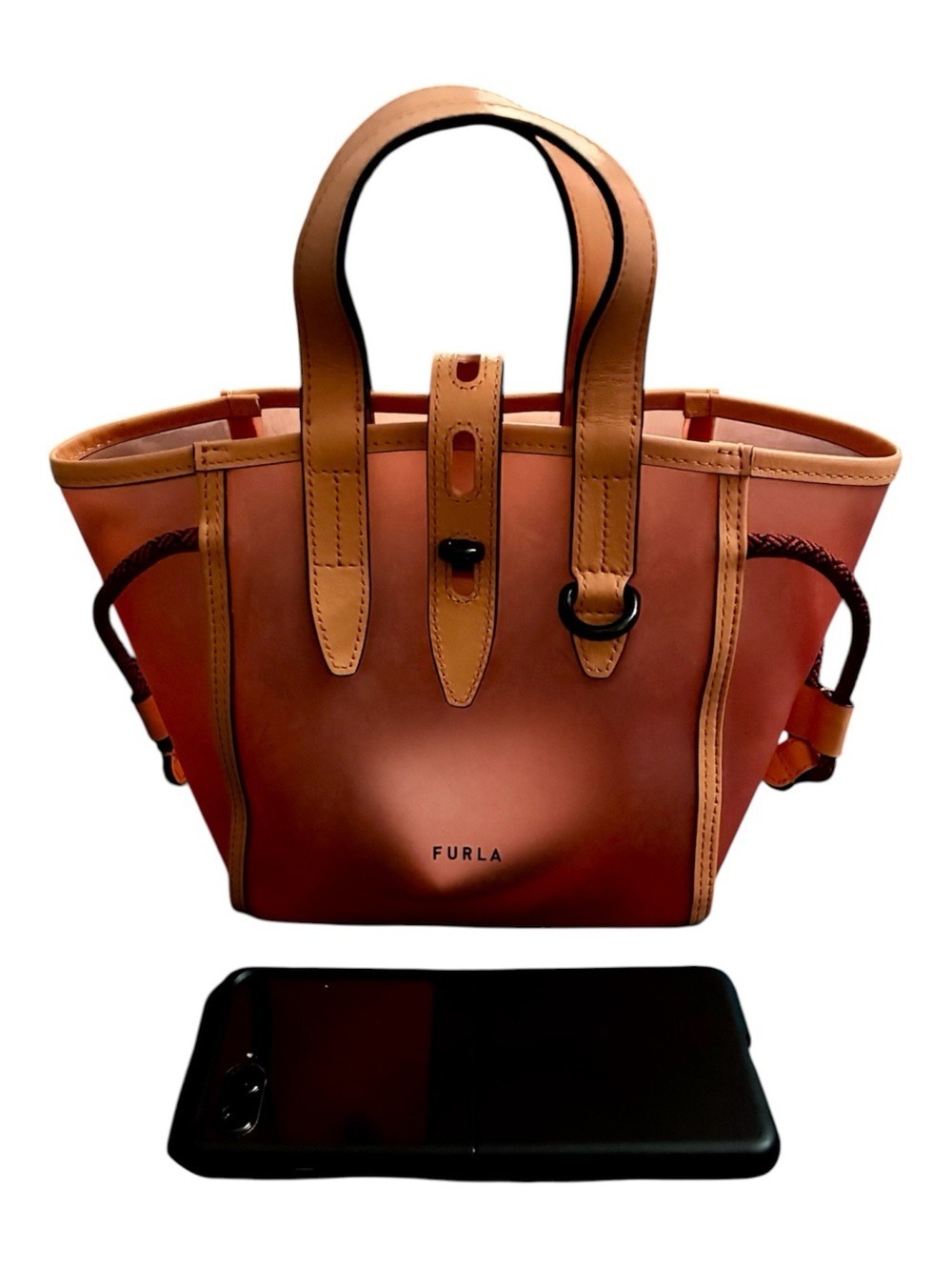 Furla Digizia Pink Jelly Tote Handbag Leather Trim Two Tone Cord Drawstring MINI - Picture 12 of 13